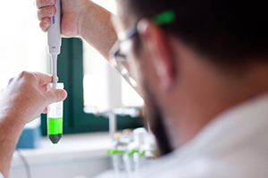 Een man onderzoekt biologische CBD olie in een laboratorium